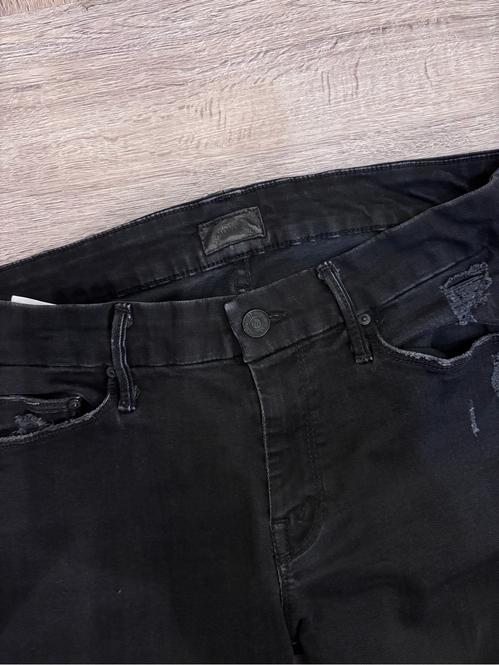 MOTHER Slim Straight Black Distressed Jeans